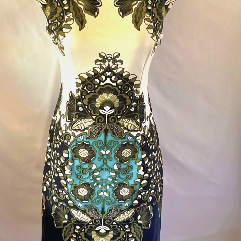 London Times Black/Cream/Teal Sheath Dress
